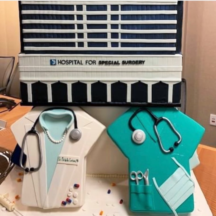 Two cakes shaped as medical scrubs