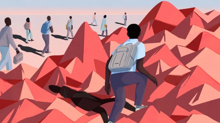 Illustration of man in backpack climbing mountains by himself. Other students in the distance walk on flat ground.