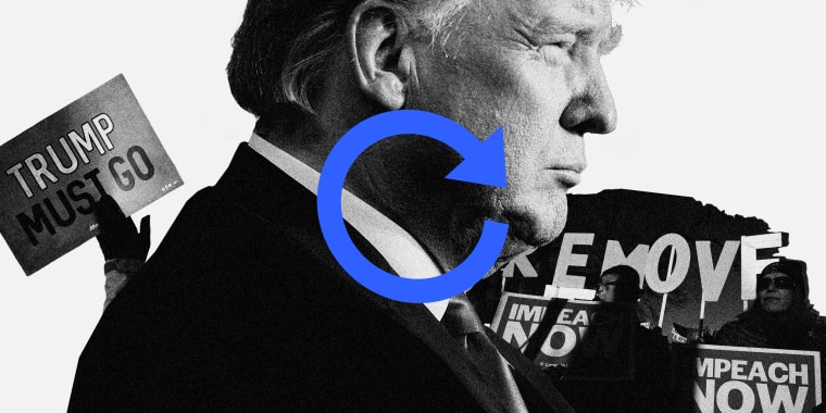 Illustration of Donald Trump with protest signs in the background that read,\"Impeach Now\", Trump Must Go\" and \"Remove\". There is a blue restart arrow over them.