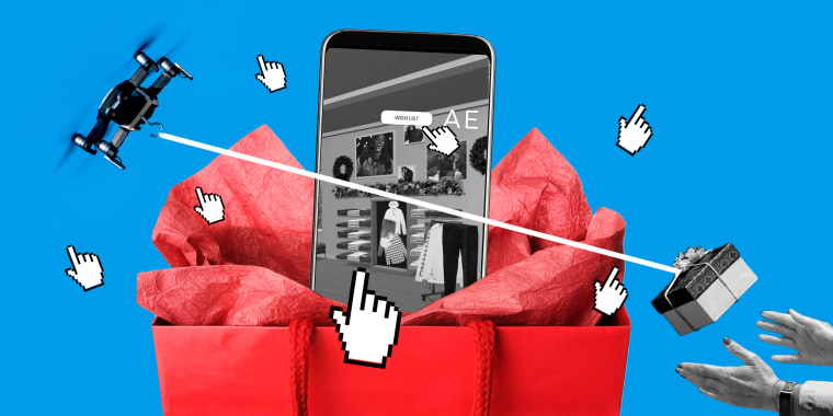 Photo illustration of a shopping bag with a phone inside showing a render of a store with hand click icons around it. A drone drops a gift bag into hands in the background.