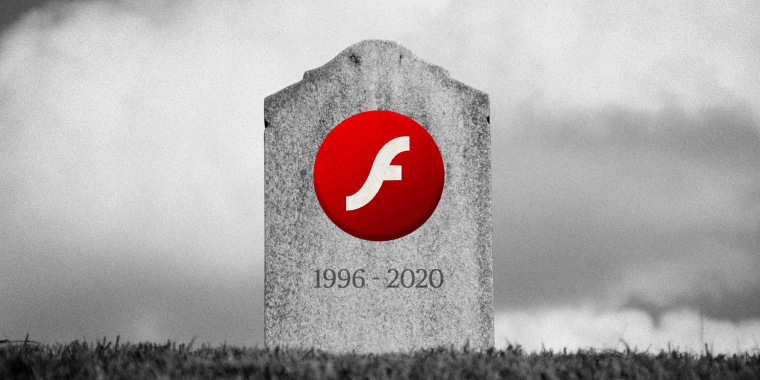 Image: An Adobe Flash logo on a headstone that reads 1996-2020.