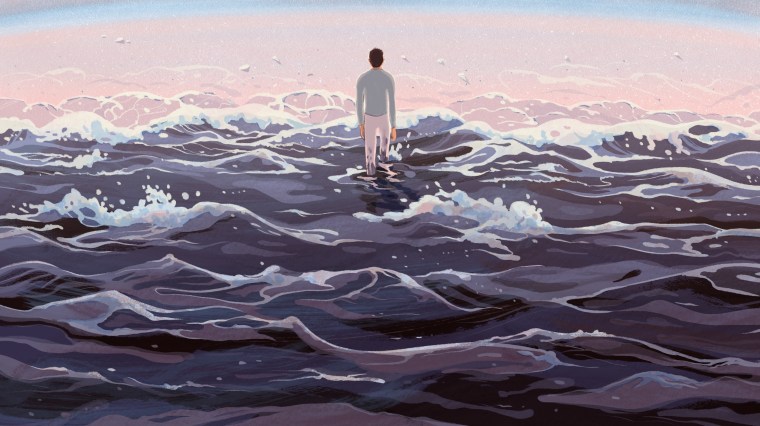 Image: A figure emerges from dark ocean waves towards a shoreline.