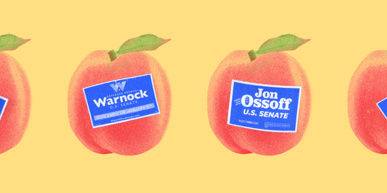 Photo illustration of peaches with stickers that read,\" Reverend Raphael Warnock, U.S. Senate\" and \"Jon Ossoff, U.S. Senate\"