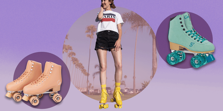 Gif of a girl wearing bright yellow roller skates and changing color skates