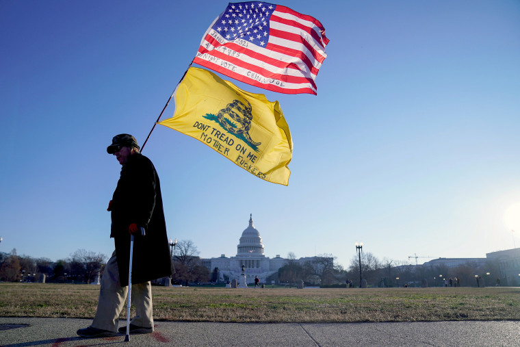 Image: A man walks with a Gadsden and American flags outside the U.S. Capitol in Washington