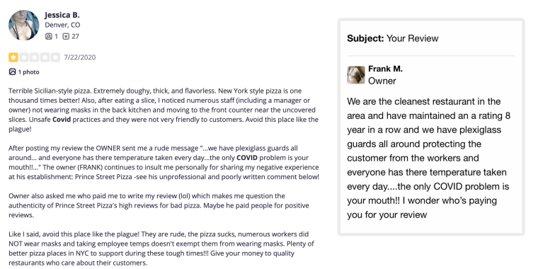 A reviewer who complained of limited COVID-19 protections was sent a crass message by the restaurant's Yelp account. 