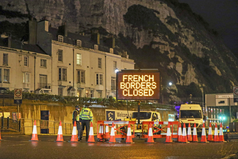 Image: Police and port staff turn away vehicles from the Port of Dover on Monday.