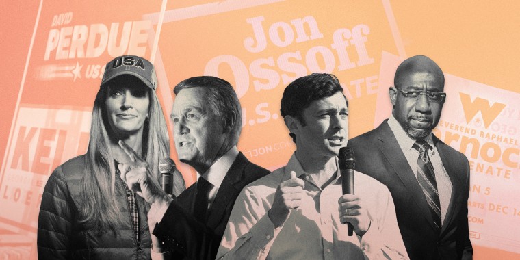 Image: Republican nominees Kelly Loeffler and David Perdue next to Democratic nominees Jon Ossoff and Raphael Warnock on a peach and yellow background with campaign signs.
