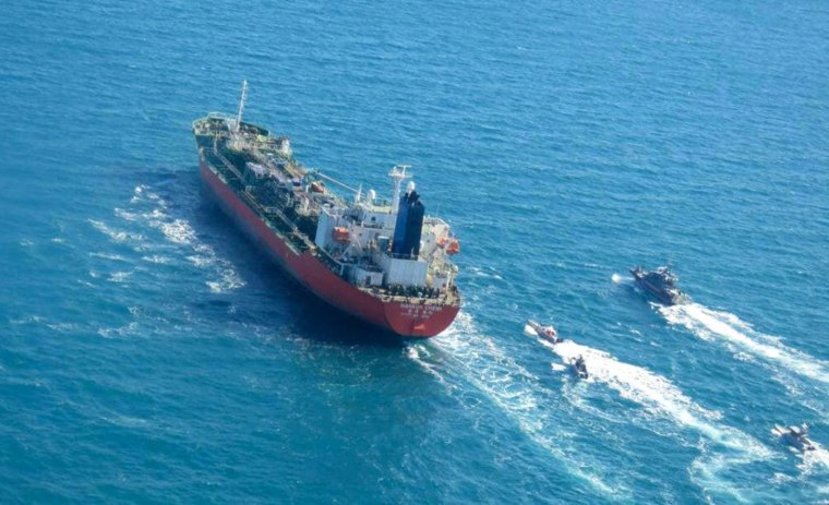 Image: The South Korean-flagged tanker Hankuk Chemi being escorted by Iran's Revolutionary Guards navy after being seized in the Persian Gulf