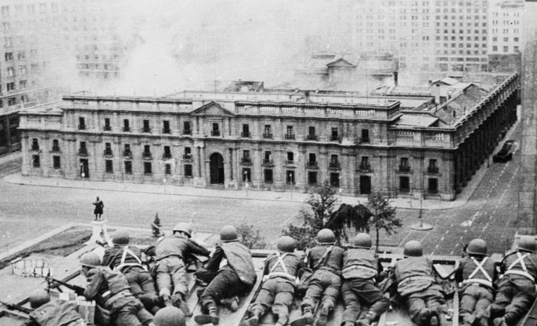 Soldiers supporting the coup led by Augusto Pinochet to overthrow Salvador Allende in Santiago, Chile, on Sept. 11, 1973. The U.S. backed the coup though Allende was elected democratically.