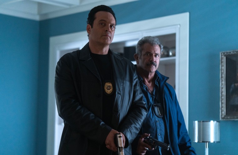 Vince Vaughn and Mel Gibson as police officers in the drama film "Dragged Across Concrete."