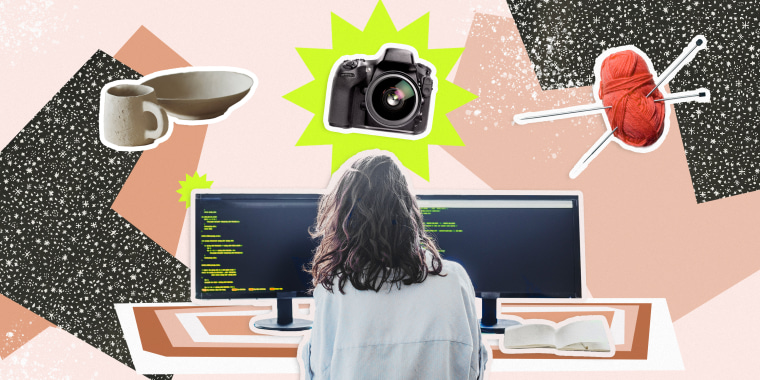 Collage of woman looking at computer screens with yarn, camera and pottery flying around her