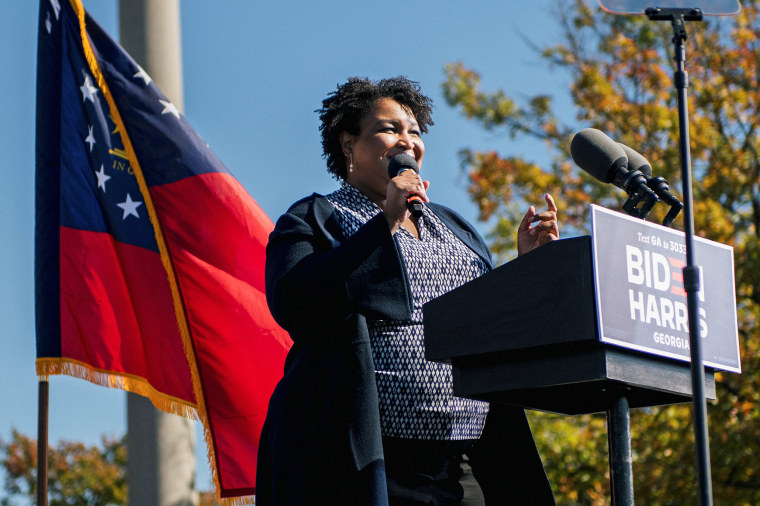 Image: Former Georgia House of Representatives Minority Leader Stacey Abrams speaks ahead of former President Barack Obama's address in Atlanta