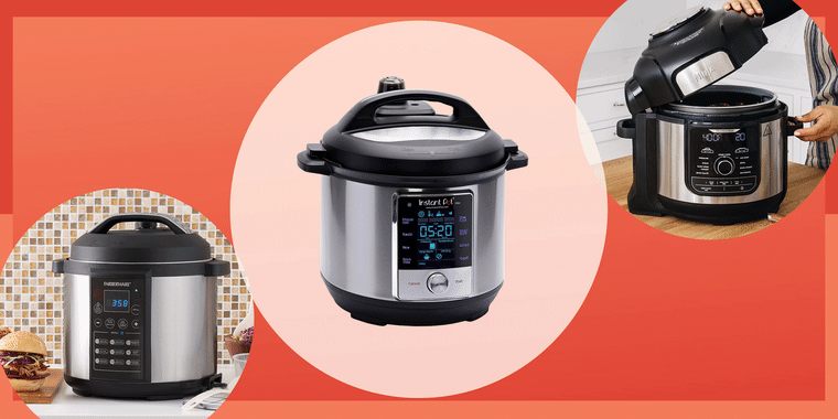 Gif of Instant Pot Duo, Food Ninja XL Pressure Cooker and Air Fryer, Farberware Programmable Digital Pressure Cooker. Best Instant Pot and pressure cookers of 2021, according to food experts.