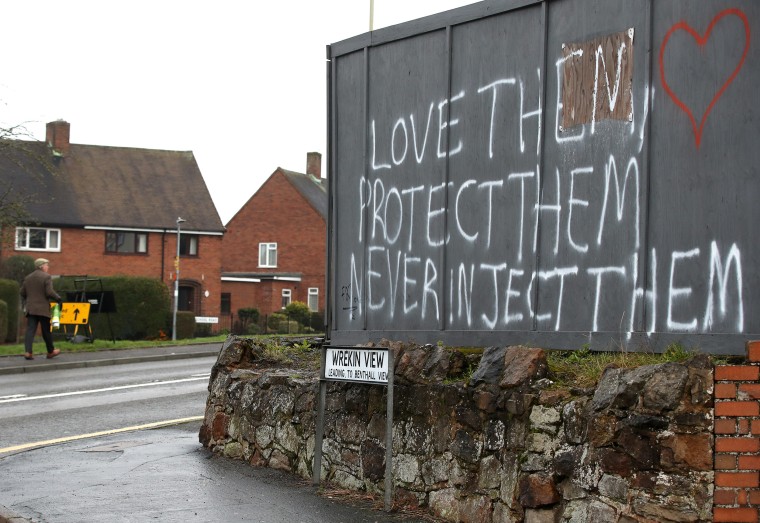 Image: Anti-vaccination graffiti sprayed on a wall in Madeley, Shropshire