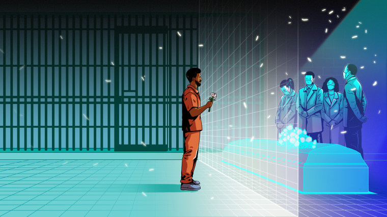 Image; Illustration shows a prisoner holding a flower inside a jail, while watching his family at a funeral through a digital screen.