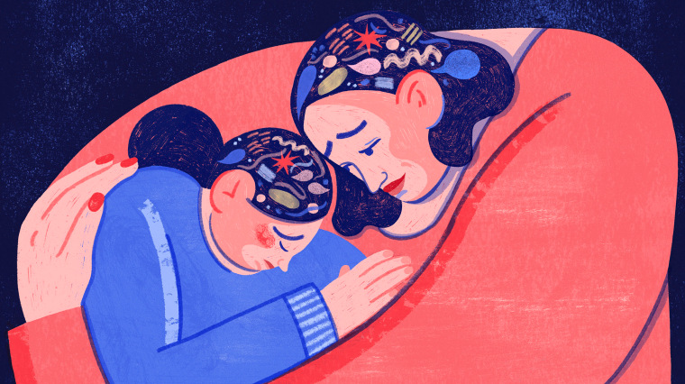 Image: Illustration of a mother hugging her upset daughter, with word bubbles and urgent symbols inside of their heads.