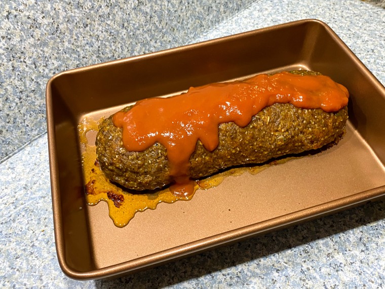 My beautiful meatloaf creation, topped with canned tomato soup.