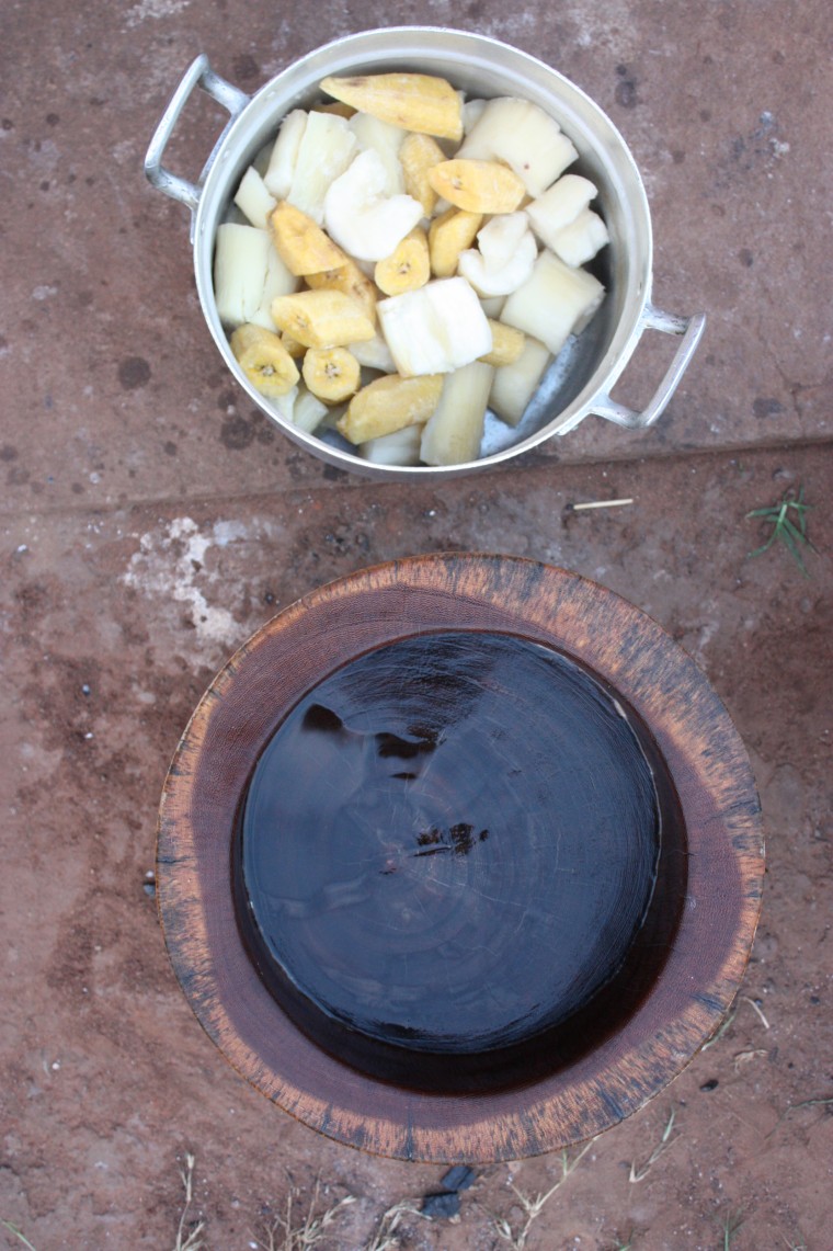 Fufu is made from boiled and pounded starchy food crops like plantains, cassava and yams — or a combination of two or more — in a very large mortar with a pestle.