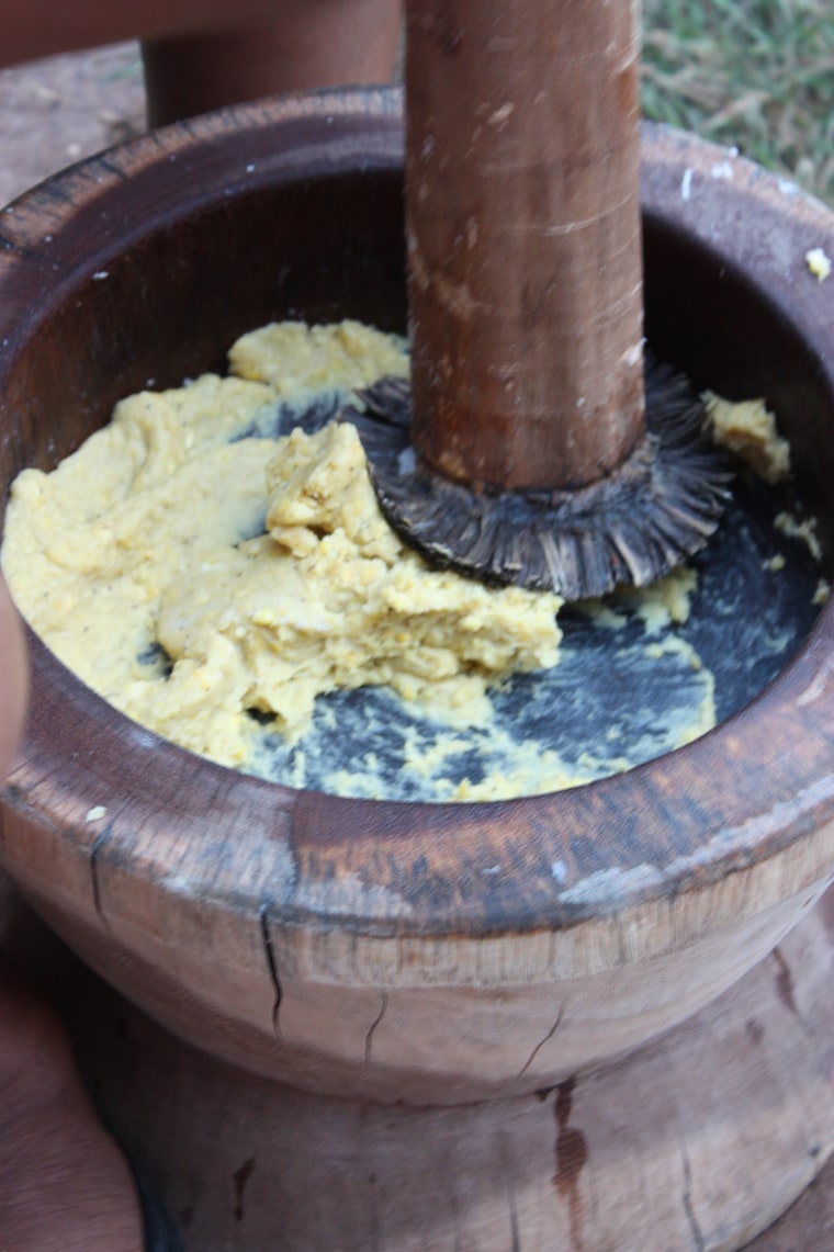 Traditionally, fufu is still made by hand, the old-fashioned way, with a mortar and pestle.