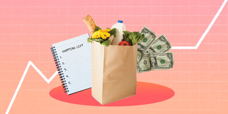 Illustration of grocery bag, money and list