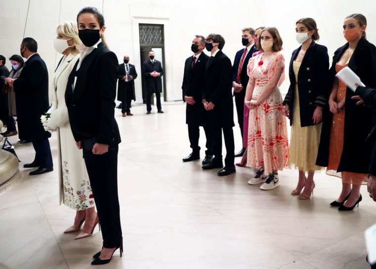 First Lady Dr. Jill Biden, daughter Ashley Biden and family look on during the Celebrating America program at the Lincoln Memorial on January 20, 2021 in Washington, DC.