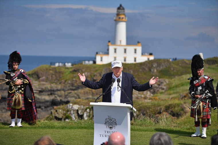 Image: Donald Trump gives a press conference on the 9th tee at his Trump Turnberry Resort