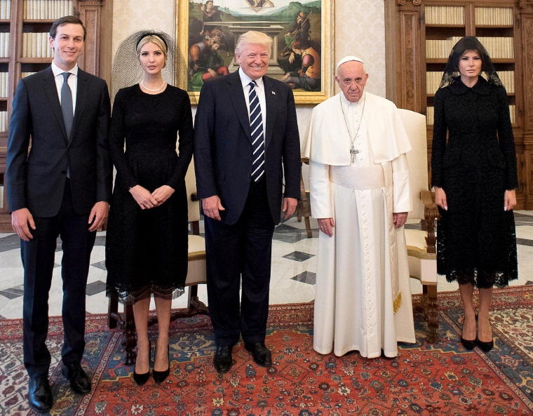 Image: Pope Francis poses with U.S. President Donald Trump his wife Melania, Jared Kushner and Ivanka Trump during a private audience at the Vatican