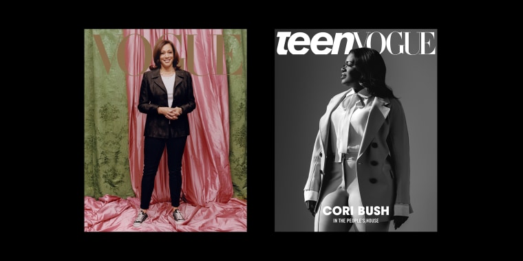 Image: Vogue Cover featuring Kamala Harris and Teen Vogue cover featuring Cori Bush