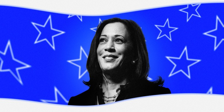 Image: Kamala Harris, smiling, on a background of a waving blue stripe with distorted white stars.