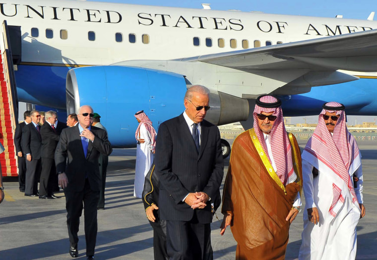 Image: Saudi Foreign Minister Prince Saud al-Faisal welcomes the then U.S. Vice President Joe Biden at the Riyadh airbase in October 2011.