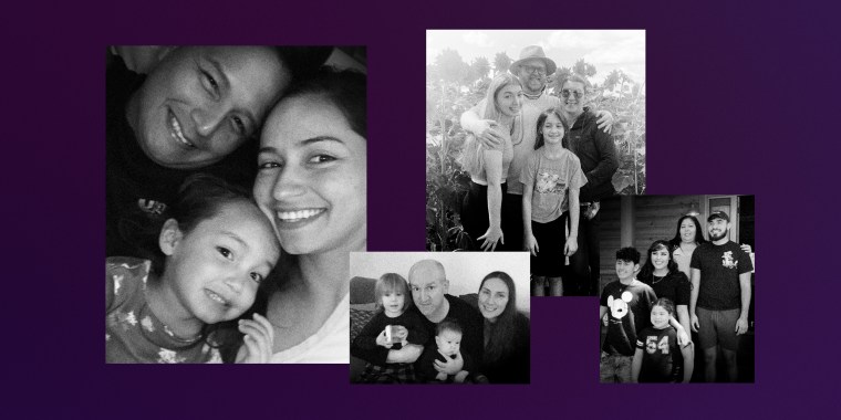 Image: A collage of family photos of children with their parents who died from Covid on a dark purple background.