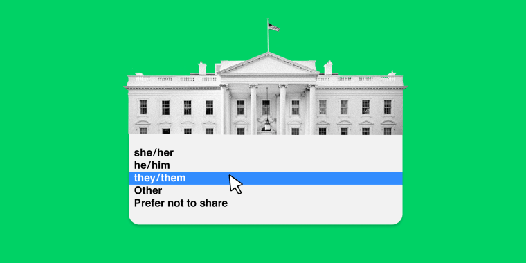 Image: Illustration showing a drop down menu opening from the White House. The drop down menu shows pronoun options, with \"they / them\" highlighted in blue.