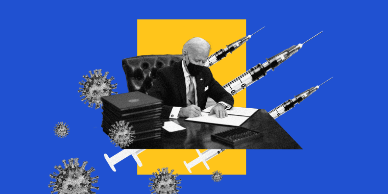 Photo illustration of U.S. President Joe Biden signing an executive order on Covid-19 in the Oval Office. Behind him, three vaccines point upward leaving behind COVID spores.