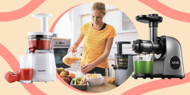 Collage of juicers and woman using one