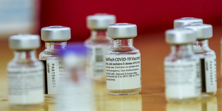 Vials of the Pfizer Covid-19 Vaccine at a vaccination site in New York on Jan. 15, 2021.