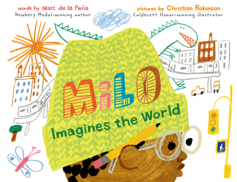 Book cover for "Milo Imagines the World" by Matt de la Pena and Christian Robinson