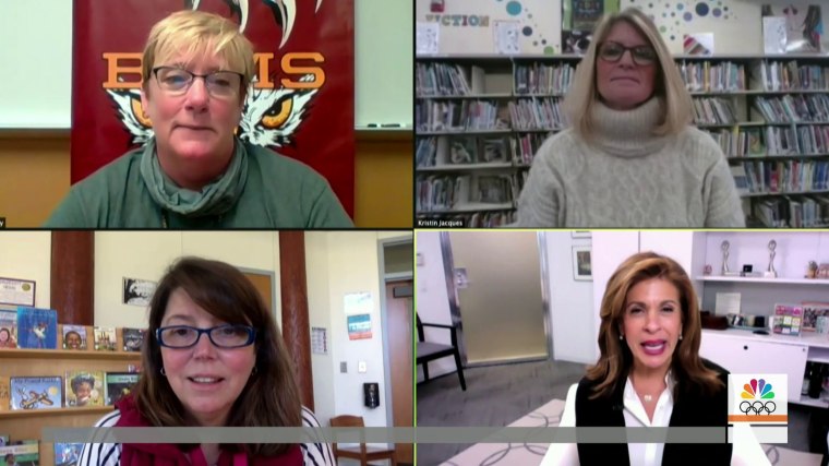 Clockwise from top left: McAuliffe's former students Tammy Hickey, Kristin Jacques and Holly Merrow speaking with Hoda Kotb.