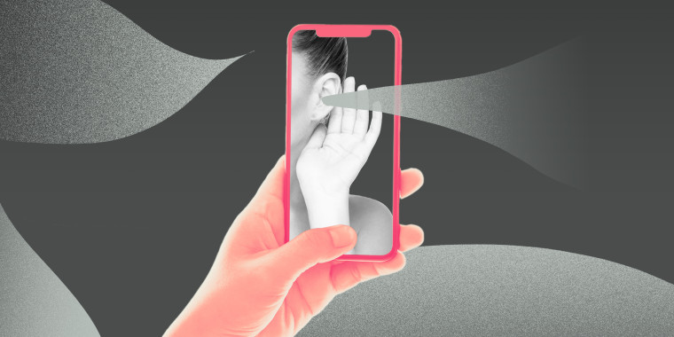 Photo illustration of hand holding a phone with a ear inside