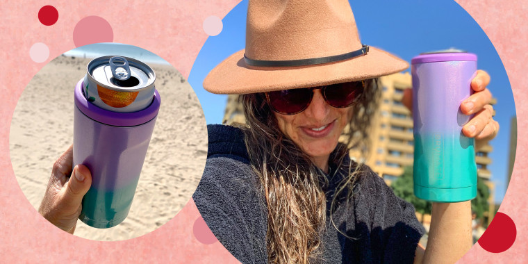 Illustration of Katie Jackson holding the BruMate Hopsulator Slim on the beach and BruMate Hopsulator Slim with a coke inside it