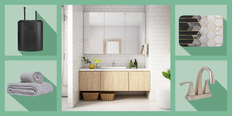 Illustration of a serene white upgraded bathroom, Blue Donuts Free Standing Toilet Brush and Plunger, Bramwell Mid-Arc Bathroom Faucet in Satin Nickel, Society6 bathmat, and Parachute Home Waffle Towels