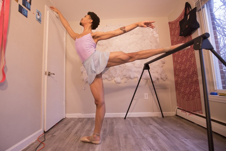 Syms practices ballet at home.
