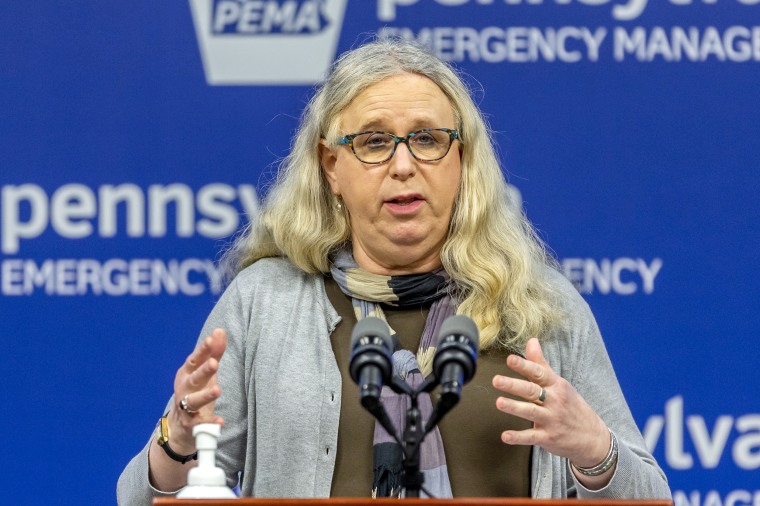 Dr. Rachel Levine meets with reporters at The Pennsylvania Emergency Management Agency headquarters in Harrisburg on May 29, 2020.