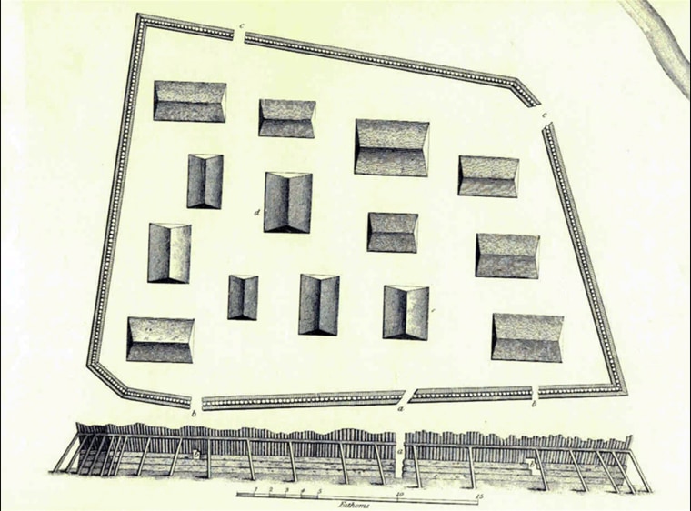 The "sapling fort," Shiskinoow in the Tlingit language, seen in this 19th century drawing by Yuri Lisyansky, was about 240 feet long and 165 feet wide.