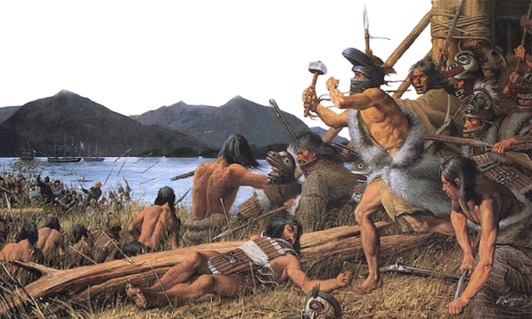 The Kiks.adi defenders of the "sapling fort" attempted to prevent the Russian invasion of the region in the Battle of Sitka in 1804 in this painting by Louis S. Glanzman.