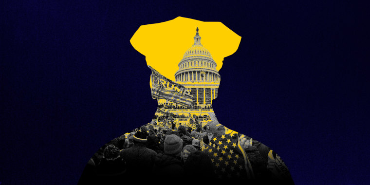 Image: The silhouette of a police officer shows a scene from the riot unfolding at the Capitol on Washington with a yellow color cast on a dark navy background.