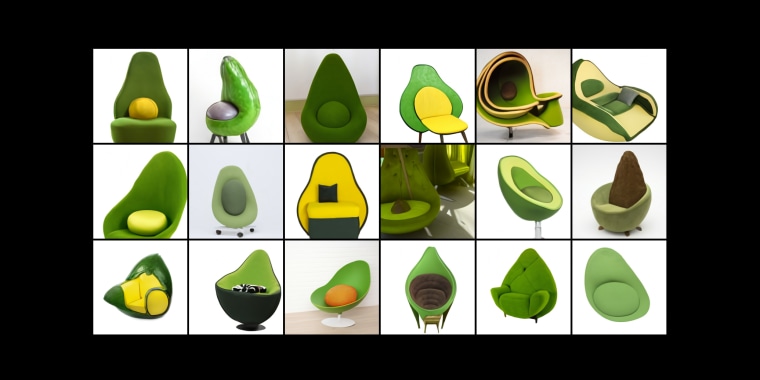 The text prompt "an armchair in the shape of an avocado; an armchair imitating an avocado" was to explore its ability to take inspiration from an unrelated idea while respecting the form of the thing being designed, ideally producing an object that appears to be practically functional.