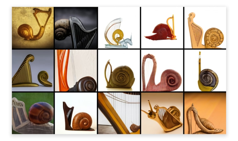 OpenAI found that DALL-E can generate animals synthesized from a variety of concepts, including musical instruments, foods, and household items. While not always successful, they found that DALL-E sometimes takes the forms of the two objects into consideration when determining how to combine them. For example, when prompted to draw "a snail made of harp," it sometimes relates the pillar of the harp to the spiral of the snail's shell.