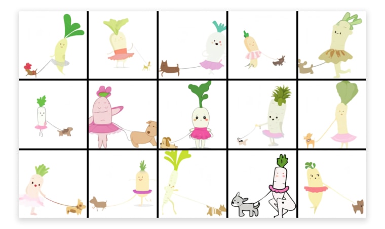 OpenAI found that DALL-E is sometimes able to transfer some human activities and articles of clothing to animals and inanimate objects, such as food items. Here the text prompt was "an illustration of a baby daikon radish in a tutu walking a dog."