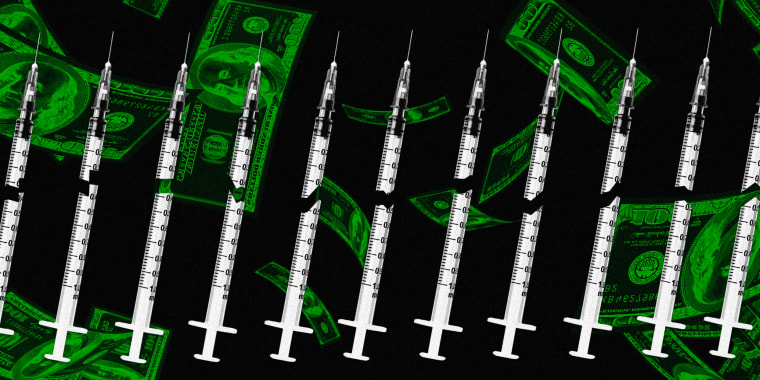 Image: Broken syringes on a black background with falling green money